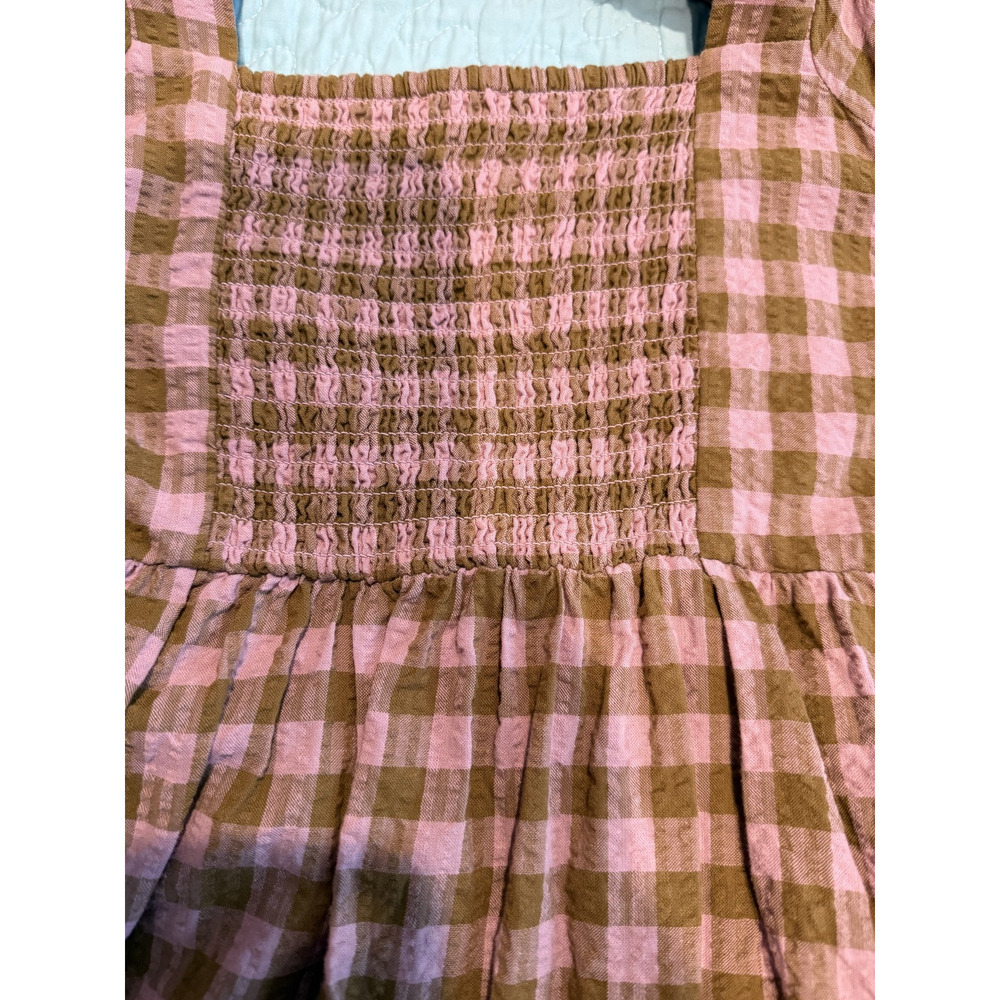 Madewell L Babydoll Gingham Dress Puff Sleeve Elastic Back Pink/Olive Green